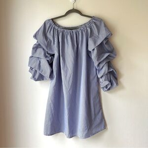 Ruffle Sleeve Off Shoulder mini dress Blue White Stripe Cotton Blend M